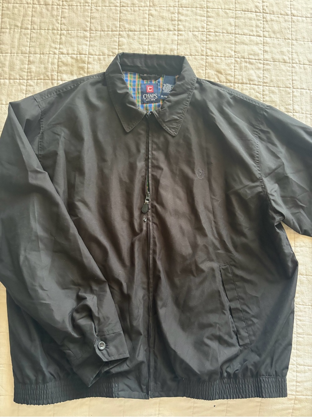 Chaps Men's Black Bomber Jacket with Plaid Lining